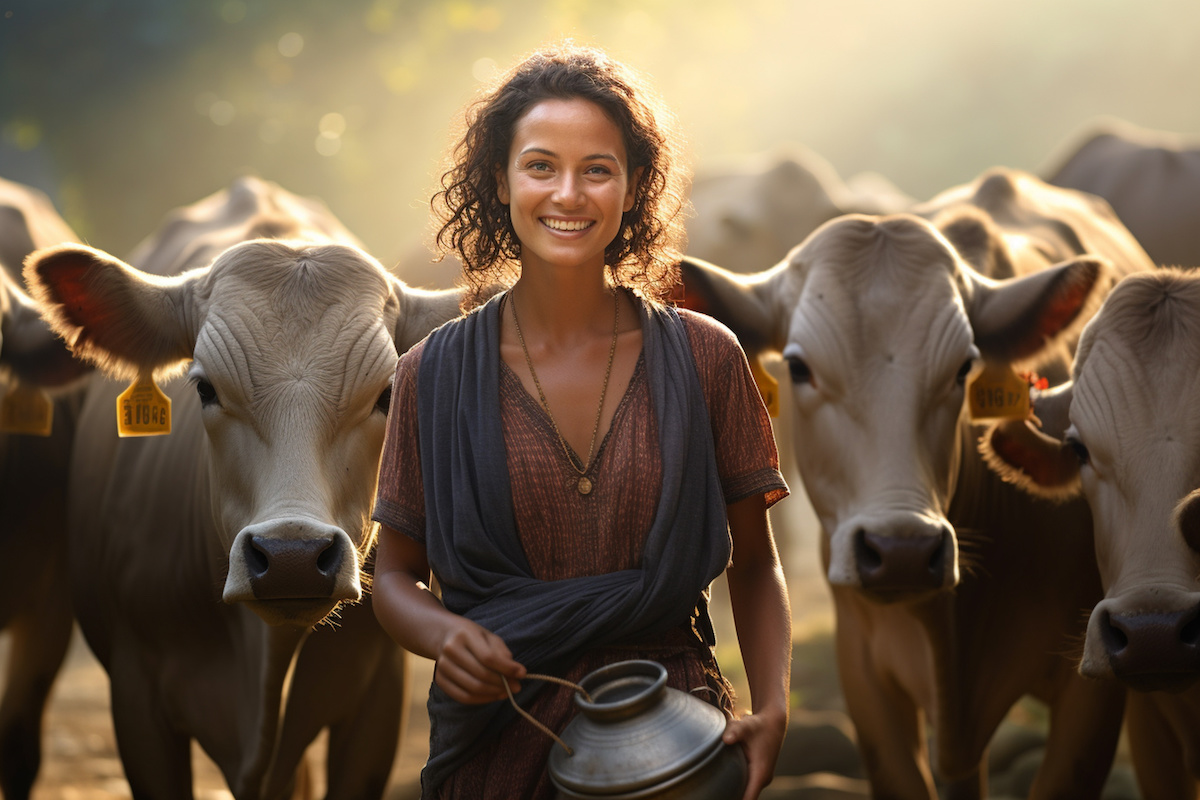 farmer woman holding milk tank in front of her cows bokeh style background farmer woman holding milk tank in front of her cows bokeh style background