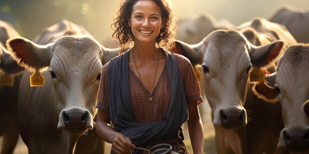 farmer woman holding milk tank in front of her cows bokeh style background